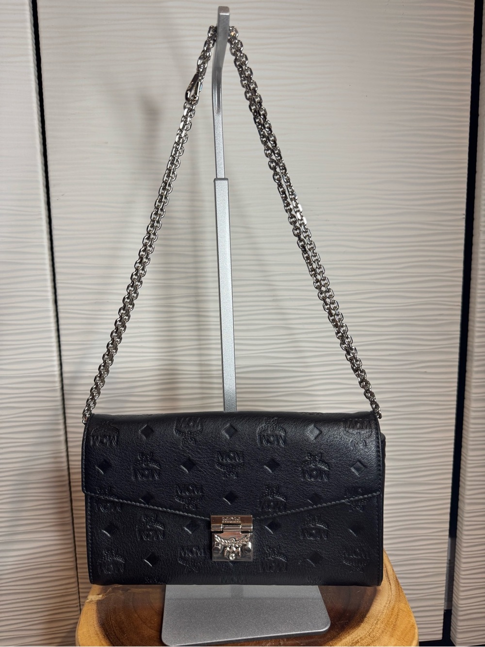 MCM Millie in Visetos Black Embossed Leather with Chain Shoulder /Crossbody bag